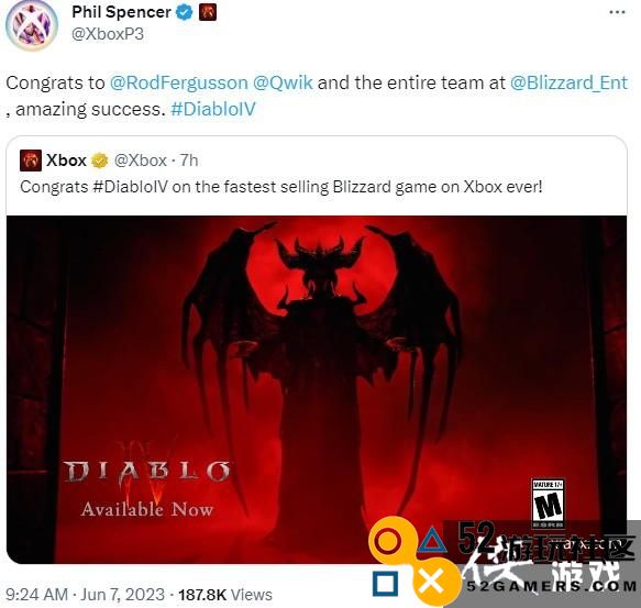 Xbox老大祝贺《暗黑4》发售已玩18小时沉迷其中