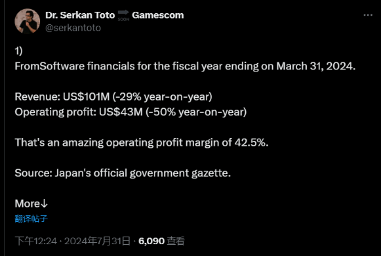FS公司的总收入较上年下降29%，主要原因是2022年《艾尔登法环》的巨额成功