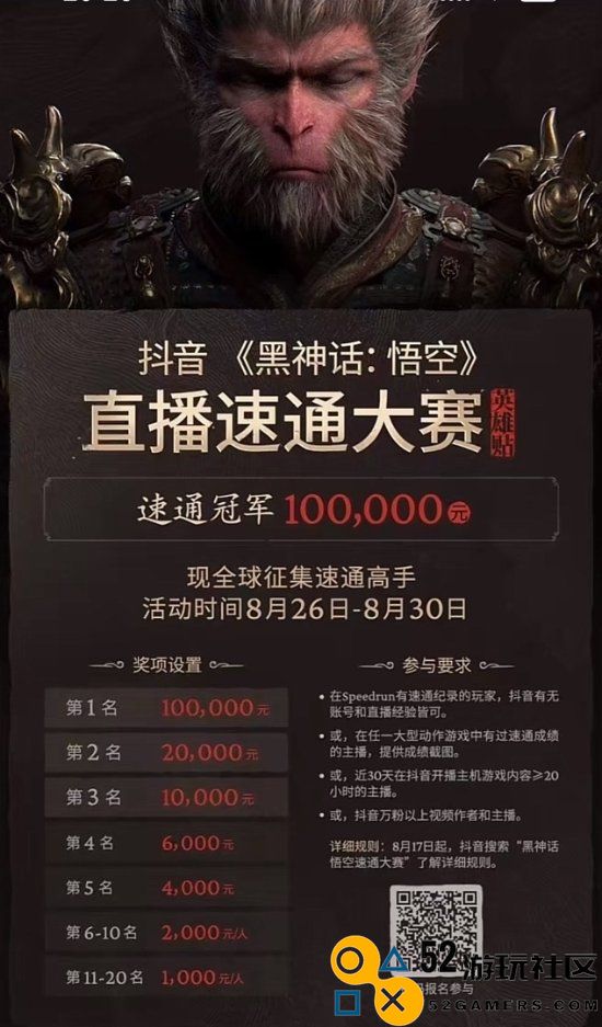 《黑神话：悟空》速通大赛定于8月26日至30日举行冠军将获高达10万元奖金